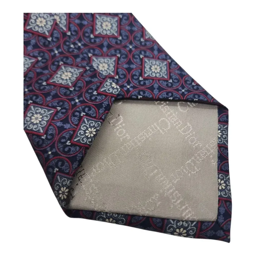 Christian Dior Tie Mens Blue Silk Geometric Medallion Pattern Classic Necktie